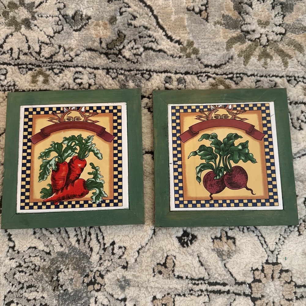 Vintage Vegetables And Sun Decor Wall Art 90s Plaques Ceramic Wood 6.5" Read